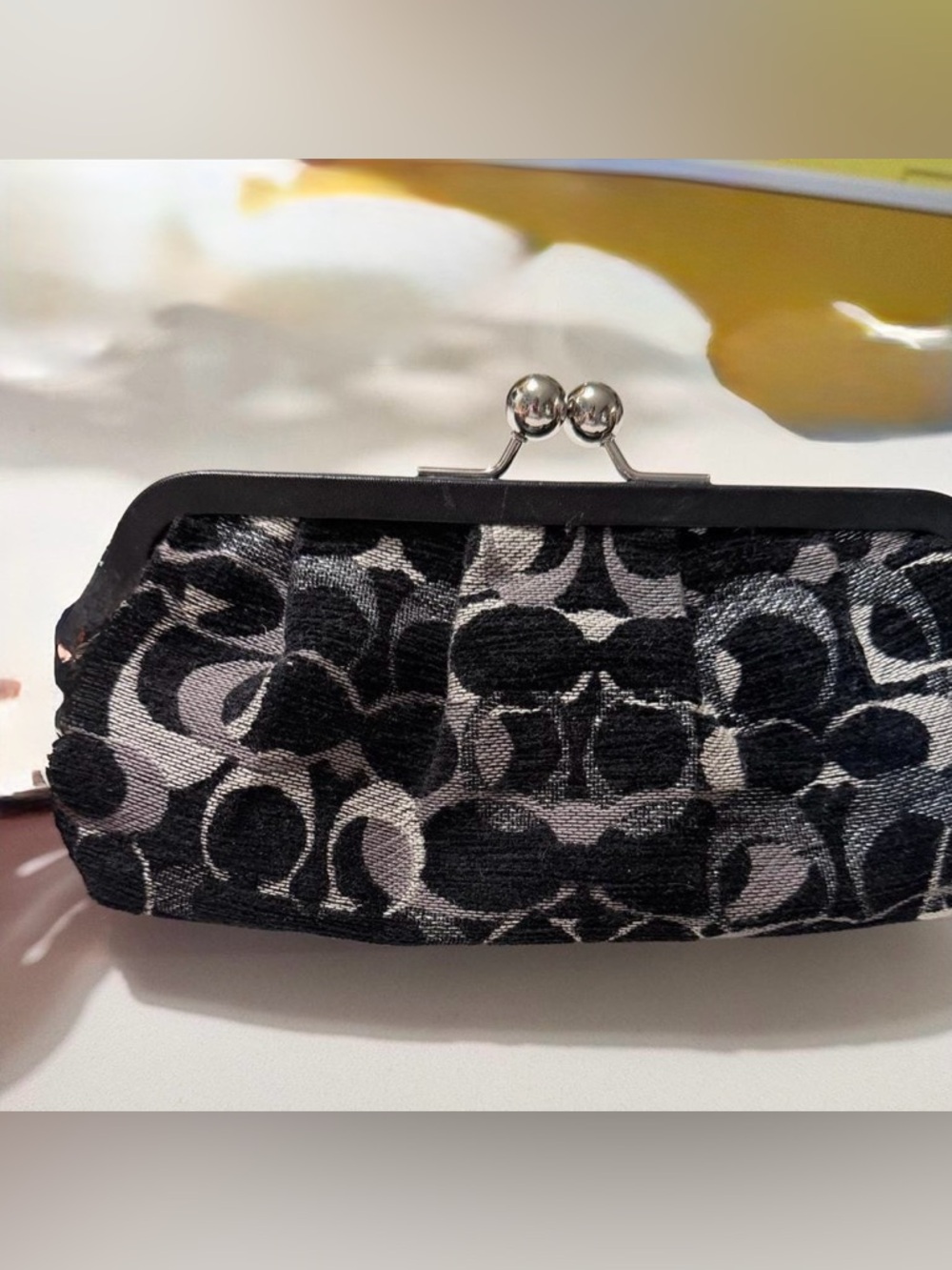 Coach Vintage Chenille Signature Kisslock Clutch Black Gray